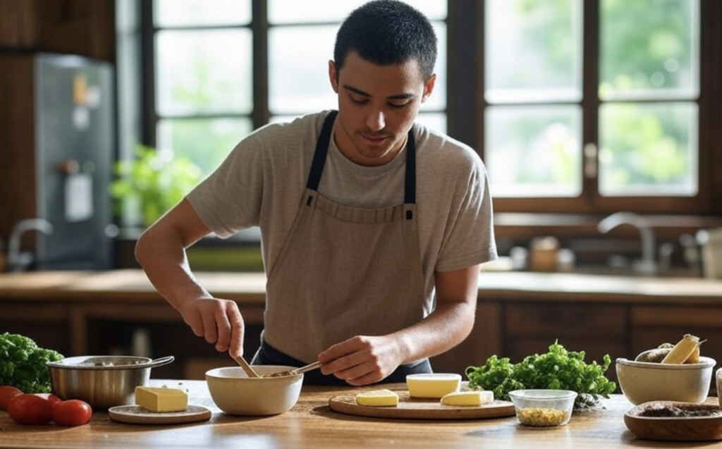 man cooking without seed oils